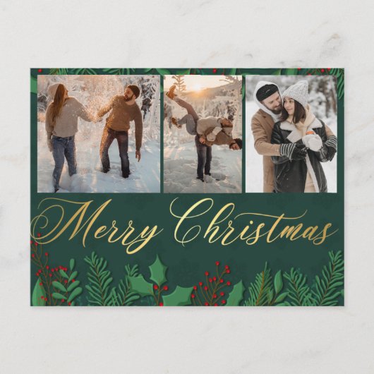 メリークリスマス金ゴールドグリーン3フォトコラージュのカップル ポストカード (正面)