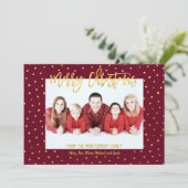 メリークリスマス金ゴールドスクリプトドットパーソナライズされた写真 シーズンカード (スタンド正面)