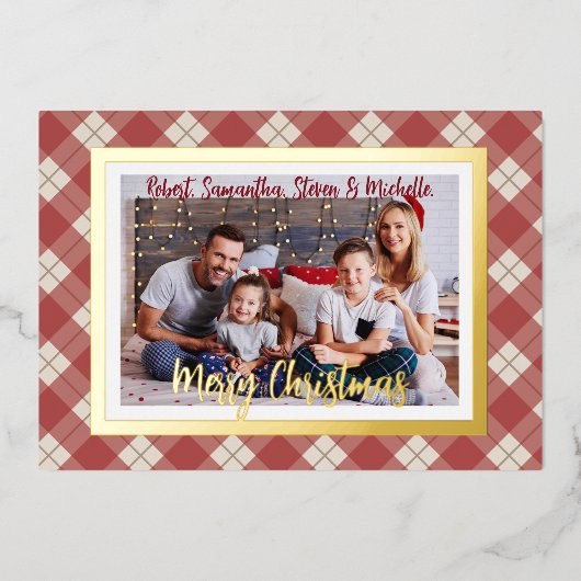 メリークリスマス金ゴールドスクリプトファミリーフォトレッドプレイド 箔シーズンカード (正面)