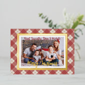 メリークリスマス金ゴールドスクリプトファミリーフォトレッドプレイド 箔シーズンカード (立ち正面)