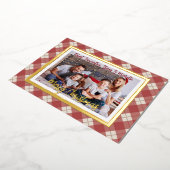 メリークリスマス金ゴールドスクリプトファミリーフォトレッドプレイド 箔シーズンカード (回転した状態)