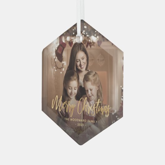 メリークリスマス金ゴールドスクリプトファミリー写真 ガラスオーナメント (正面左)