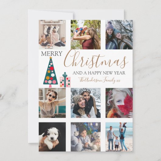 メリークリスマス金ゴールドスクリプトフォトコラージホワイトホ シーズンカード (正面)