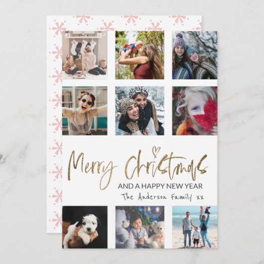 メリークリスマス金ゴールドスクリプトフォトコラージホワイト シーズンカード (正面/裏面)