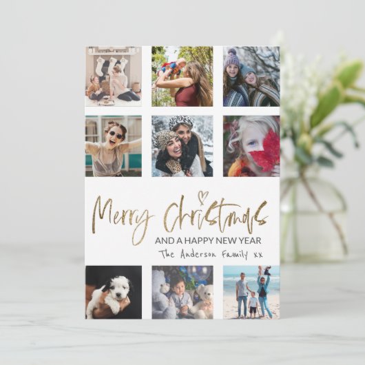 メリークリスマス金ゴールドスクリプトフォトコラージホワイト シーズンカード (スタンド正面)