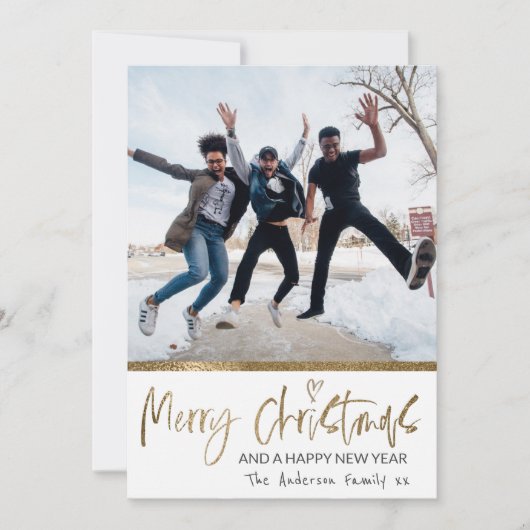 メリークリスマス金ゴールドスクリプトフォトコラージホワイト シーズンカード (正面)