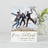 メリークリスマス金ゴールドスクリプトフォトコラージホワイト シーズンカード (スタンド正面)