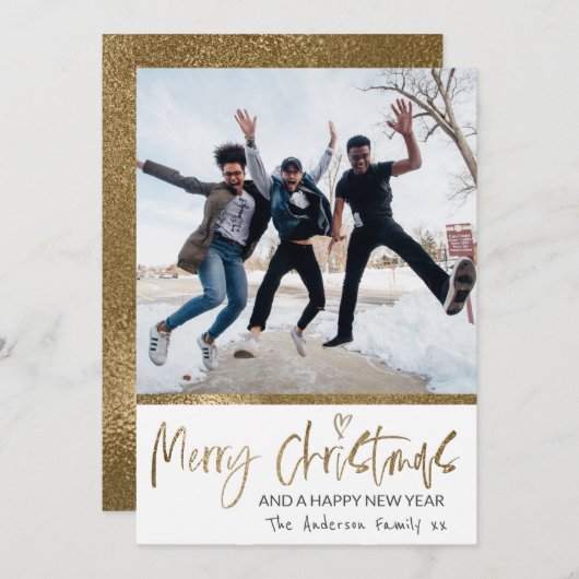 メリークリスマス金ゴールドスクリプトフォトコラージホワイト シーズンカード (正面/裏面)