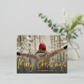 メリークリスマス金ゴールドスクリプトフォトフォイルホリデー 箔シーズンポストカード (立ち正面)