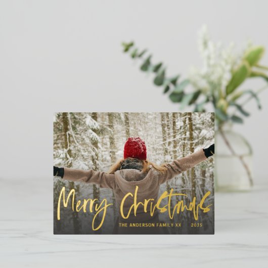 メリークリスマス金ゴールドスクリプトフォトフォイルホリデー 箔シーズンポストカード (立ち正面)