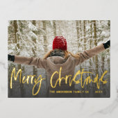 メリークリスマス金ゴールドスクリプトフォトフォイルホリデー 箔シーズンポストカード (正面)