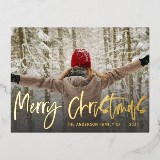 メリークリスマス金ゴールドスクリプトフォトフォイルホリデー 箔シーズンポストカード (正面)