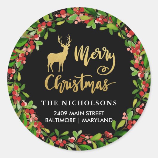 メリークリスマス金ゴールドスクリプトホリデー差出人住所 ラウンドシール (正面)