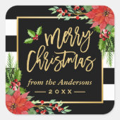 メリークリスマス金ゴールドスクリプトレタリングフローラデコール スクエアシール (正面)