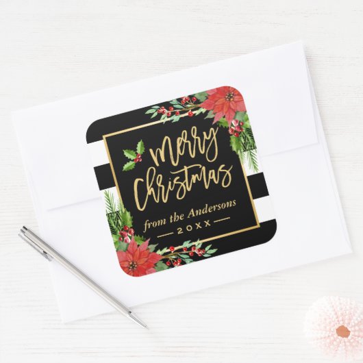 メリークリスマス金ゴールドスクリプトレタリングフローラデコール スクエアシール (封筒)