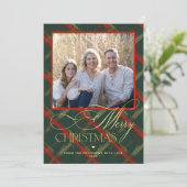 メリークリスマス金ゴールドスクリプト赤い緑の格子写真 シーズンカード (スタンド正面)