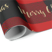 メリークリスマス金ゴールドスクリプト赤バッファロープレイド ラッピングペーパー (ロールコーナー)