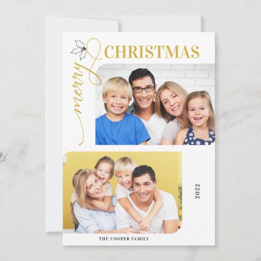 メリークリスマス金ゴールドスクリプト2写真ホリデーカード シーズンカード (正面)