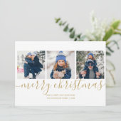 メリークリスマス金ゴールドスクリプト3フォトホリデーカード シーズンカード (スタンド正面)