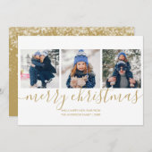 メリークリスマス金ゴールドスクリプト3フォトホリデーカード シーズンカード (正面/裏面)