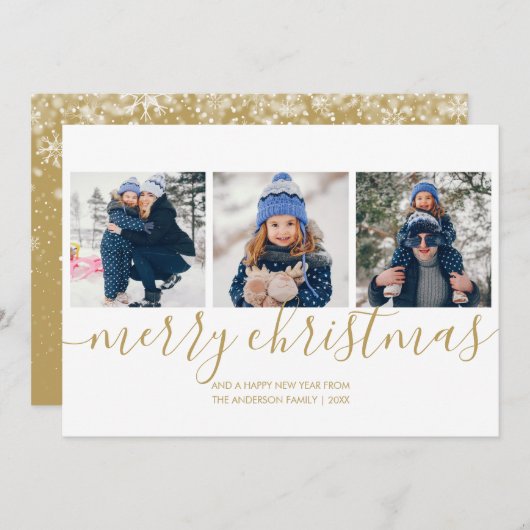 メリークリスマス金ゴールドスクリプト3フォトホリデーカード シーズンカード (正面/裏面)