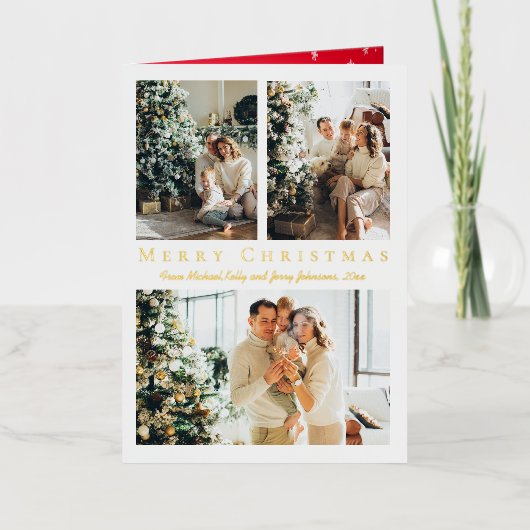 メリークリスマス金ゴールドスクリプト3枚の写真コラージュ 箔シーズンカード (正面)