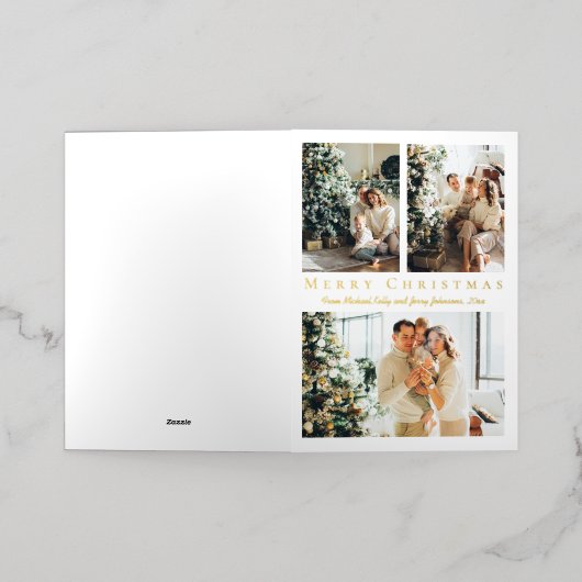 メリークリスマス金ゴールドスクリプト3枚の写真コラージュ 箔シーズンカード (外側レイダウン)