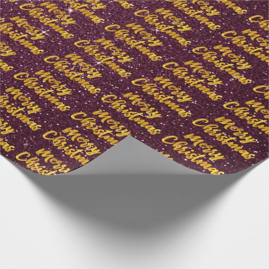 メリークリスマス金ゴールドスクリプトBurgundy Maroon Glitte ラッピングペーパー (角)