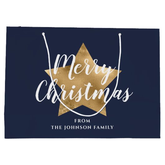 メリークリスマス金ゴールドスターネイビーブルー ラージペーパーバッグ (裏面)