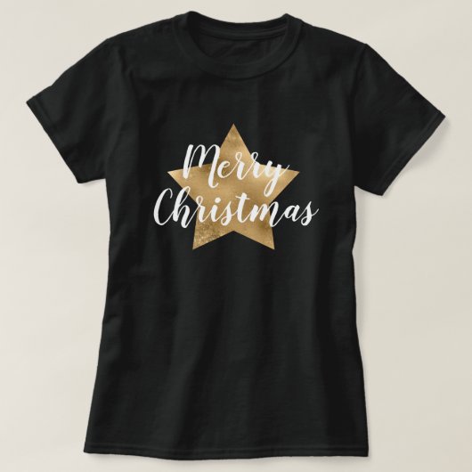 メリークリスマス金ゴールドスターブラック Tシャツ (デザイン正面)
