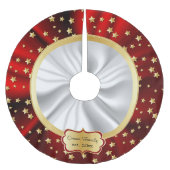 メリークリスマス金ゴールドスター赤と白 ブラッシュドポリエステルツリースカート (正面)