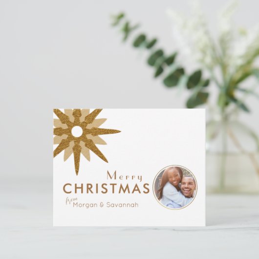 メリークリスマス金ゴールドスノーフレークカップルの写真 シーズンカード (スタンド正面)