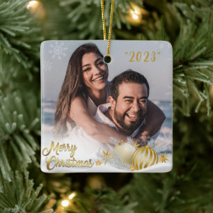 メリークリスマス金ゴールドスノーフレークパーソナライズされた セラミックオーナメント