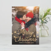 メリークリスマス金ゴールドスパークルスクリプトPHOTO Greeting シーズンカード (スタンド正面)