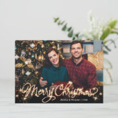 メリークリスマス金ゴールドスパークルスクリプトPHOTO Greeting シーズンカード (スタンド正面)