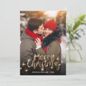 メリークリスマス金ゴールドスパークルスクリプトPHOTO Greeting シーズンカード (スタンド正面)