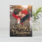 メリークリスマス金ゴールドスパークルスクリプトPHOTO Greeting シーズンカード (スタンド正面)