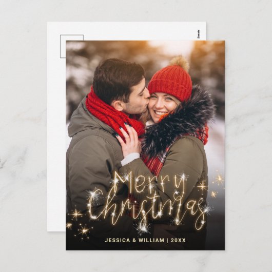 メリークリスマス金ゴールドスパークルスクリプトPHOTO Greeting シーズンポストカード (正面/裏面)