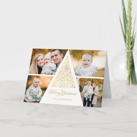 メリークリスマス金ゴールドスワールツリー4写真コラージュ シーズンカード (正面)