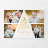 メリークリスマス金ゴールドスワールツリー4写真コラージュ 三つ折りクリスマスカード (カバー)