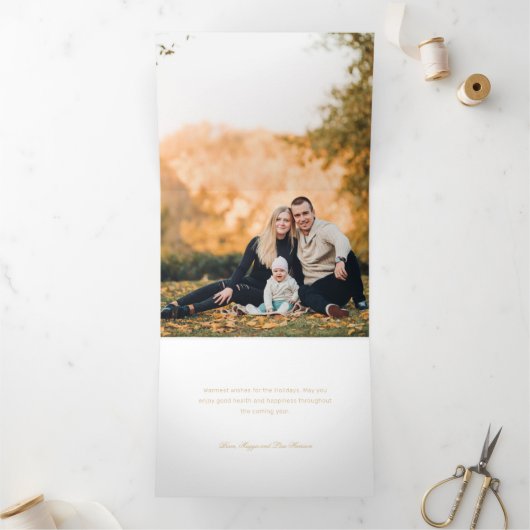 メリークリスマス金ゴールドスワールツリー4写真コラージュ 三つ折りクリスマスカード (内部)