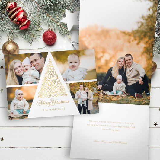 メリークリスマス金ゴールドスワールツリー4写真コラージュ 三つ折りクリスマスカード