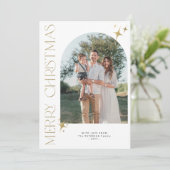 メリークリスマス金ゴールドタイポグラフィモダンアーチ写真 シーズンカード (スタンド正面)