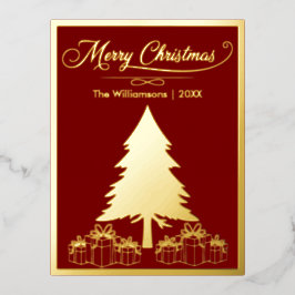 メリークリスマス金ゴールドツリーとプレゼント 箔シーズンポストカード