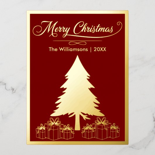 メリークリスマス金ゴールドツリーとプレゼント 箔シーズンポストカード (正面)