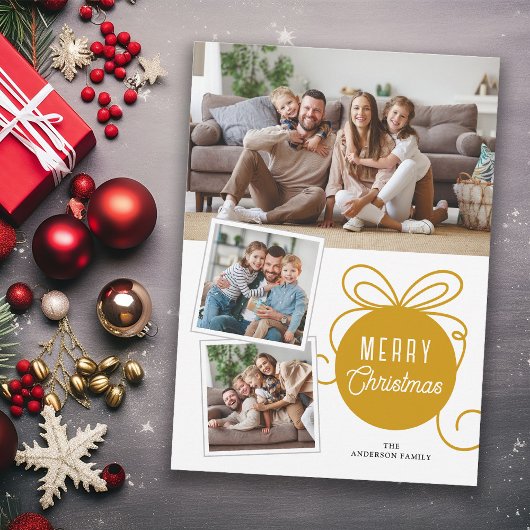 メリークリスマス金ゴールドツリーオーナメント3枚 シーズンカード