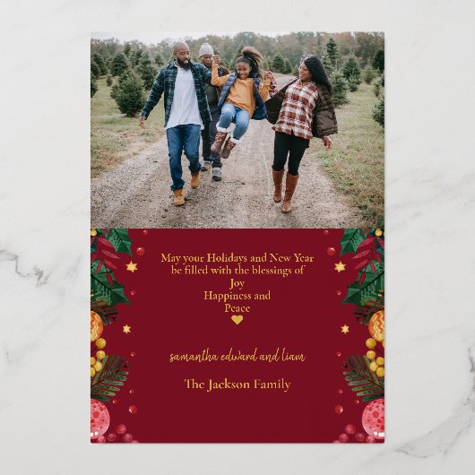 メリークリスマス金ゴールドディアホリー写真 箔シーズンカード (裏面)