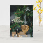 メリークリスマス金ゴールドハートツリーオーナメント カード (黄色い花)