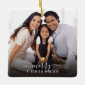 メリークリスマス金ゴールドハートモダンスクリプトの写真 セラミックオーナメント (正面)