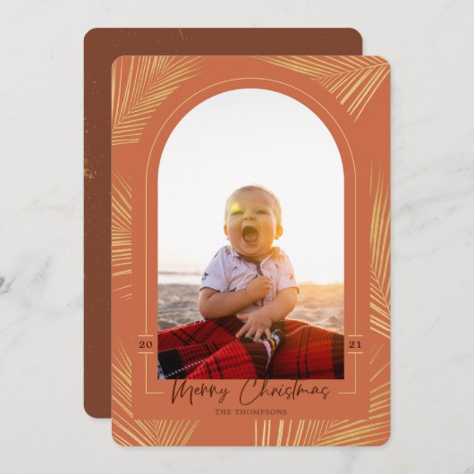 メリークリスマス金ゴールドパームサビットビーチ写真 シーズンカード (正面/裏面)